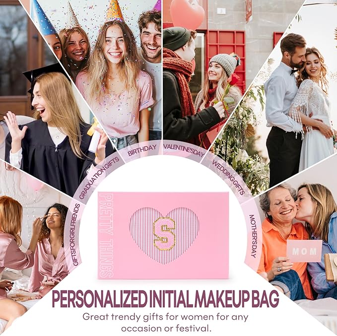 mibasies 2 PCS Initial Makeup Bags for Women: - Birthday Gifts for Teen Girls 11 12 13 14 15 16 Years Old - Preppy Trendy Stuff - Cosmetic Bag for Travel Toiletry - Pink S