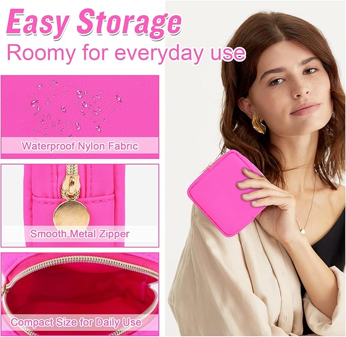 Nylon Mini Makeup Bag for Purse, Preppy Small Cute Makeup Bag Cosmetic Zipper Pouch Purse, Waterproof Travel Coin Pouch Sanitary Napkin Storage Bag Clutch Make Up Organizer for Women Girls(Hot Pink)