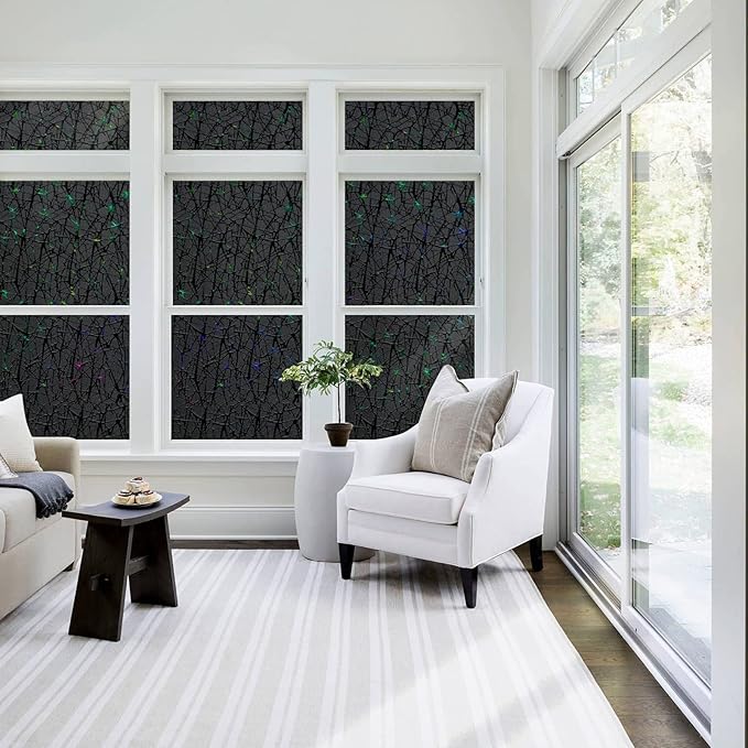 QHY Sunshine Total Blackout Window Film Privacy， Frosted Glass Window Film，Black Window Tint， No Glue， Detachable, no Marks, Suitable for Repeated use (Black, 17.5 in X 157.4 in)