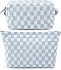 SOIDRAM 2 Pieces Makeup Bag Large Checkered Cosmetic Bag Capacity Canvas Mix Travel Toiletry Bag Organizer Cute Makeup Brushes Aesthetic Accessories Storage Bag for Women, Checkered Mix Blue