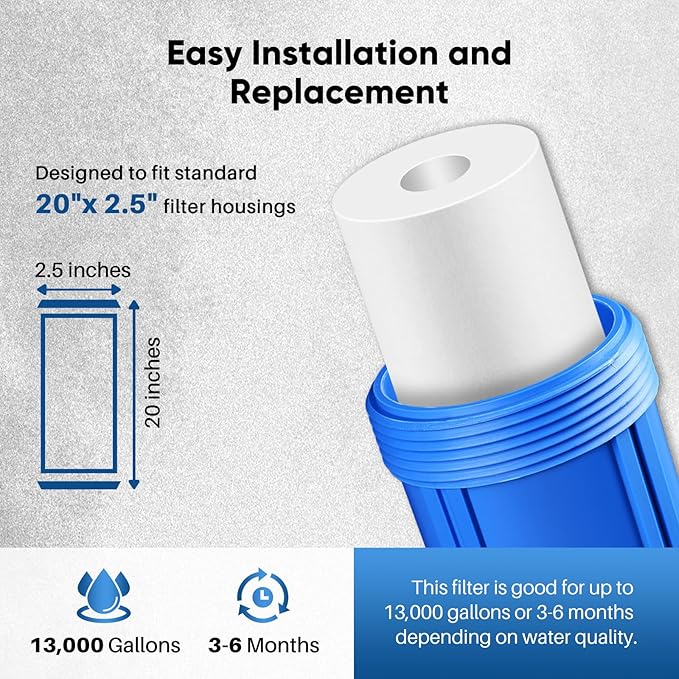 PUREPLUS 5 Micron 20" x 2.5" Whole House Sediment Home Water Filter, 20-inch - Image 4