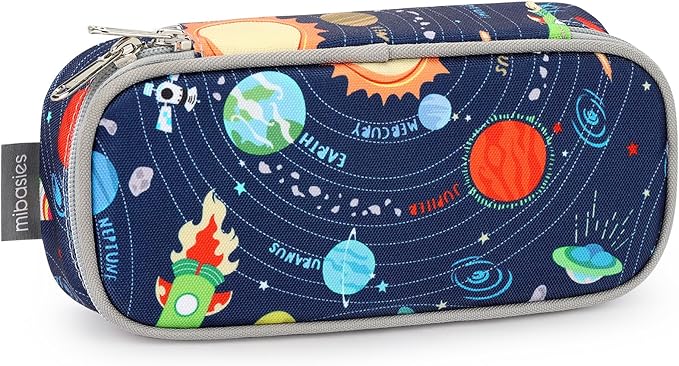 mibasies Boys Pencil Case for Kids, Multi-Slot Pencil Pouch, Galaxy LightGray