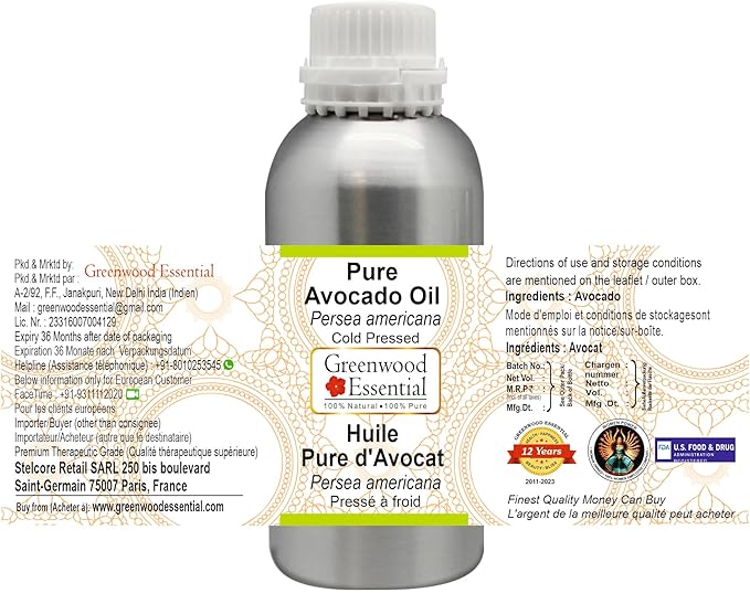Greenwood Essential Pure Avocado Oil (Persea americana) Cold Pressed 300ml (10 oz)