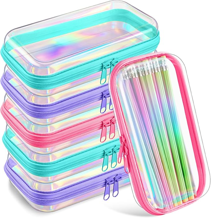 Sanwuta 6 Pcs Clear Hard Zipper Case Hard Plastic Zipper Pouches Makeup Bag Pencil Pouches Transparent Cases for Snacks Plastic Storage Organizer Box for Travel(Holographic,7.48 x 3.94 x 2 Inch)