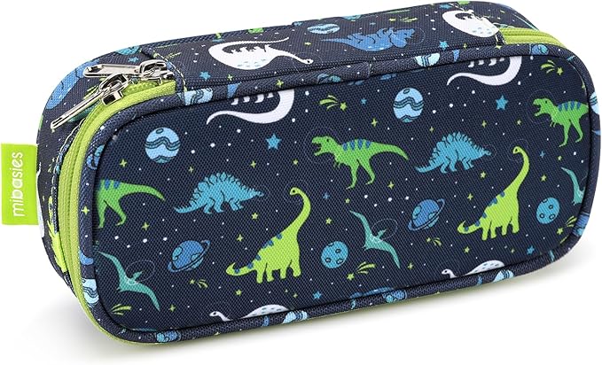 mibasies Boys Pencil Case for Kids, Multi-Slot Pencil Pouch, Galaxy Dinosaur Blue