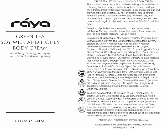Raya Green Tea, Soy Milk, and Honey Body Cream 8 oz (S-523) | Nourishing, Calming, and Anti-Aging Body Cream | Protects and Refines Skin