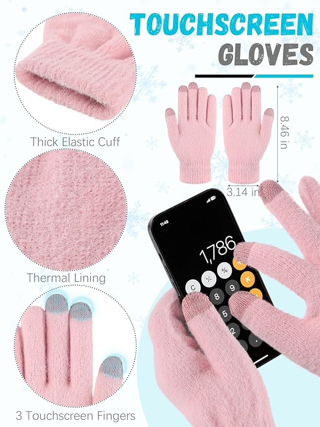 Winter Beanie Hat Scarf Gloves, Warm Fleece Knit Hat Long Scarf Neck Warmer Touch Screen Winter Gloves Set Gifts for Women