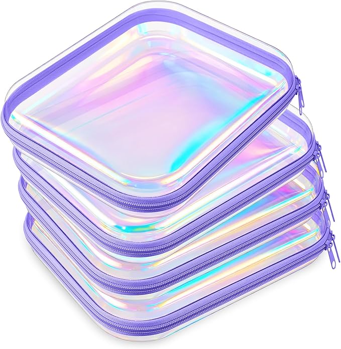 Hoolerry 4 Pcs Hard Clear Zipper Case Makeup Bags Plastic Pencil Pouch Transparent Storage Box Containers for Cosmetics, Snacks, Building Blocks, Puzzles(Purple Laser,9.8 x 7.9 x 2 in)