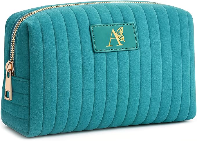 Monogrammed Make Up Bags for Women,Personalized Cosmetic Bags Women,Small Quilted Makeup Pouch,Cute Makeup Bag Travel,Birthday Gifts for Teen Girl (Blue A)