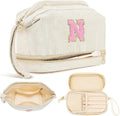 Makeup Bag for Girls Gift, Personalized Christmas Gifts Initial Women Makeup Bag for Travel, Double Layer Cosmetic Bag with Brush Organizer Preppy Make up Bag for Teen Girl Trendy - N