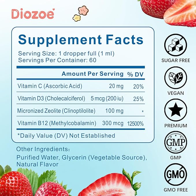 Zeolite Detox for Kids, Gentle Wellness Support, Zeolite with Methyl B12, Vitamin D3 and C, Natural Zeolite Drops for Gut and Focus Support, Natural Flavor, 2oz