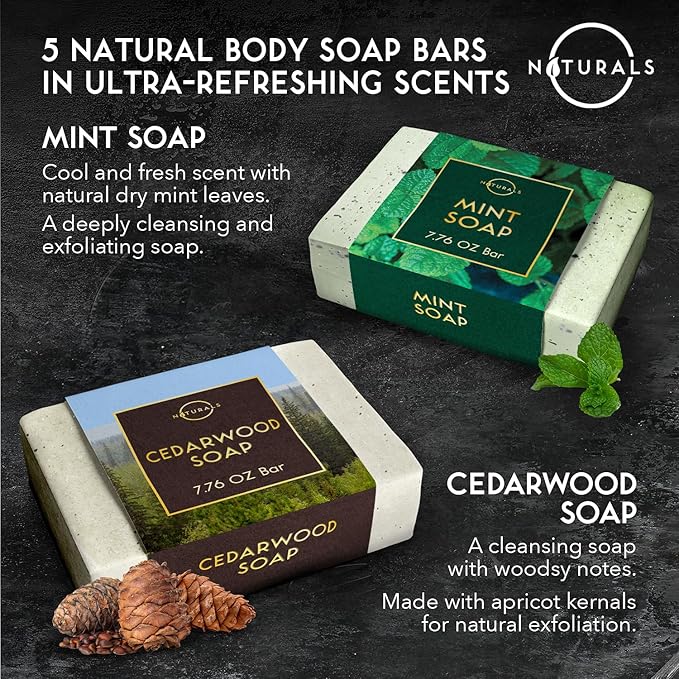 O Naturals 5PC Mens Soap Gift Sets, Gifts for Men, Organic Bar Soap for Men, Mens Gift Set Exfoliating Soap Cedarwood & Mint, Mens Bar Soap in Citrus, Olive Oil, African Black Soap, Soap Gifts For Men