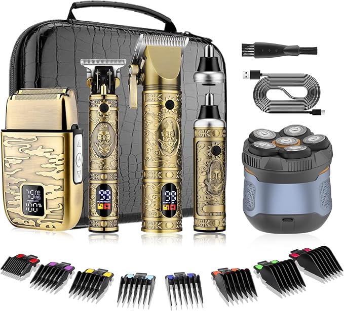 Pro Hair Clippers for Men,Hair Clippers+T-Blade Trimmer+Electric Shaver+Nose Hair Trimmer +6D Electric Head Shaver Set,5 in 1 Cordless Barber Hair Cutting Kit LCD Display Gifts