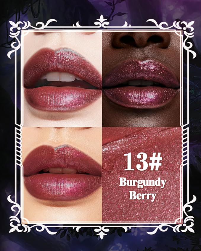 Glitter Metallic Shimmer Lipstick, Burgundy Lipstick Long Lasting, Diamond High Pigmented Shiny Metallic Lip Stick, Non-sticky Sparkly Berry Lipsticks for Women Christmas Makeup-13 Burgundy Berry