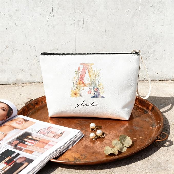 Personalized Makeup Bag Initial&Birth Flower Custom Small Travel Cosmetic Bag with Name Cute Makeup Bag for Women Girls