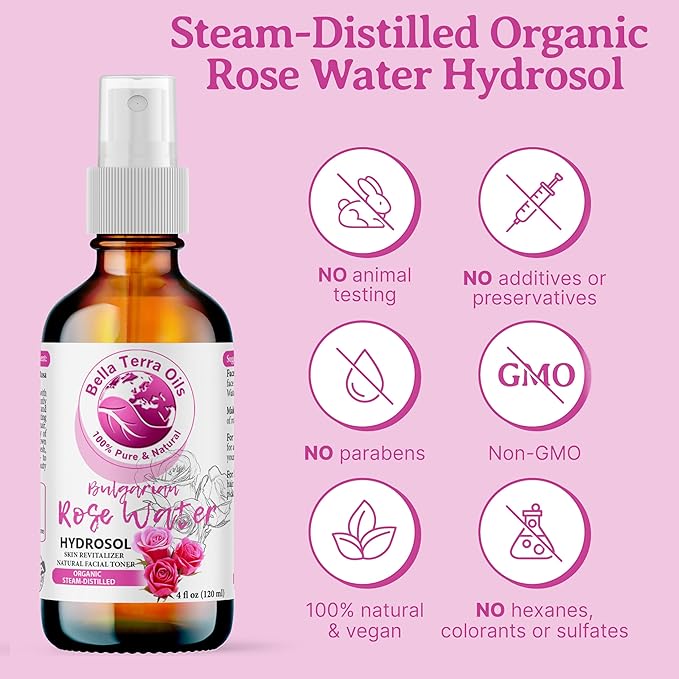 Bella Terra Oils - Rosewater Spray 8oz - Crafted from the Heart of Roses, Subtle Face and Hair Refreshment, Pure Bulgarian Rose Essence