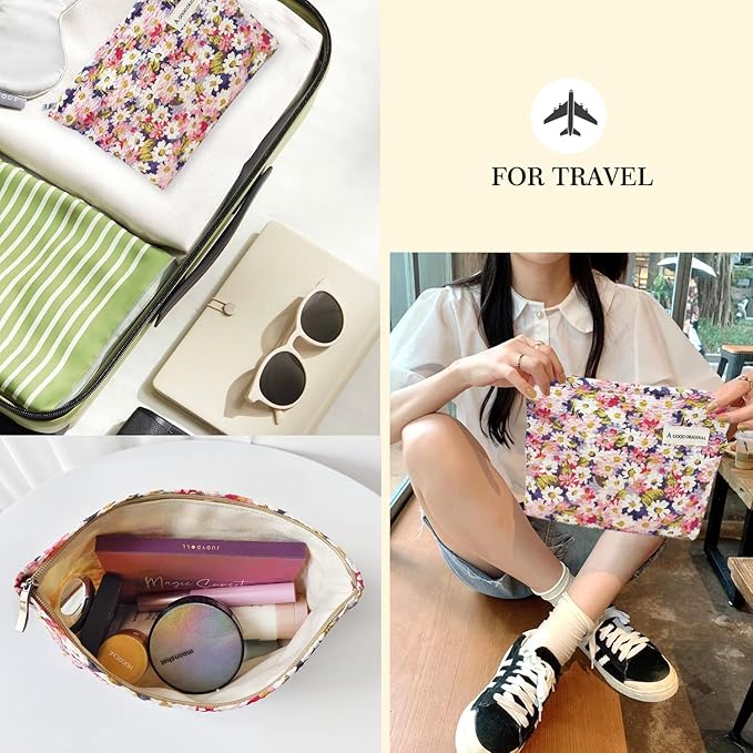 STARDW Aesthetic Floral Makeup Bag Cute Small Cosmetic Bags for Women Girls, Travel Toiletry Bag Large Capacity Zipper Makeup Pouch, Purse Organizer Pouches (Colorful Daisies)