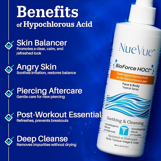 BioForce Pure Hypochlorous Acid Spray for Face & Body - Made in Canada - Gentle Skin Cleanser & Toner, Acne-Prone Skin, Eczema, Piercing aftercare, pH Balanced, Alcohol-Free, NueVue (2-Pack x 8.2oz)