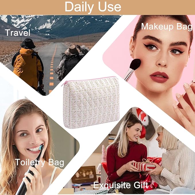 Makeup Bag Travel Cosmetic Bag for Women Girls, Zipper Make Up Pouch, Floral Flowers Toiletry Organizer Makeup, Portable Storage Cosmetic Travel Cloth Bag (L/Pink Floral)