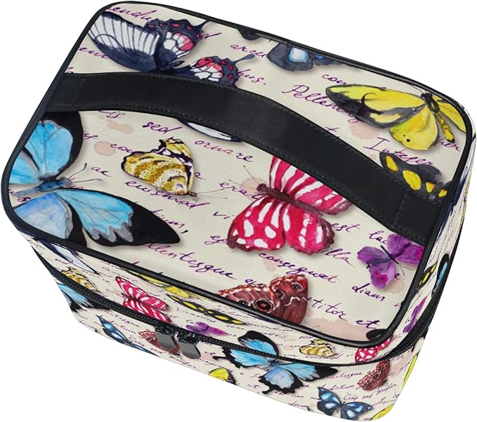 Makeup Bag, Vintage Butterfly Hand Written Text Travel Makeup Organizer Bag Cosmetic Cases Toiletry Bags for Girl Women Ladies