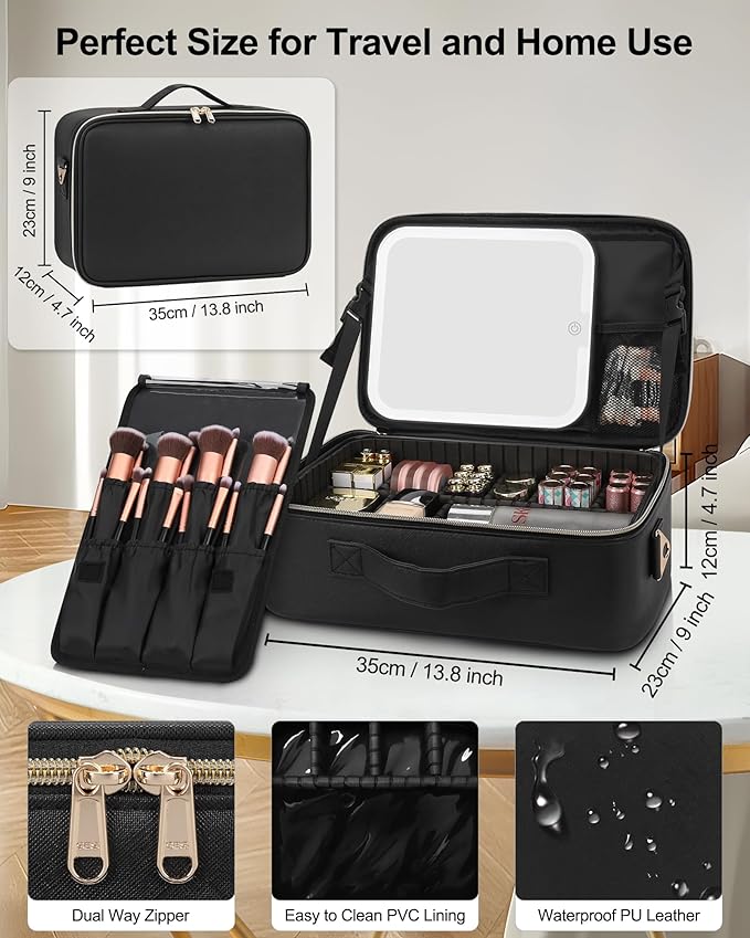 Relavel Makeup Train Case With LED Mirror, Professional Travel Cosmetic Bag with Removable Partitions, Compact Makeup Organizer with Separate Brush Board, Waterproof Travel Case for Women, Black