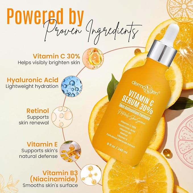 30% Vitamin C Serum (8 Fl Oz) Pure Organic Anti- Wrinkle + Hyaluronic Acid + Retinol + Vitamin E + Vitamin B, Facial Serum For Anti-aging, Wrinkles, And Fine Lines.