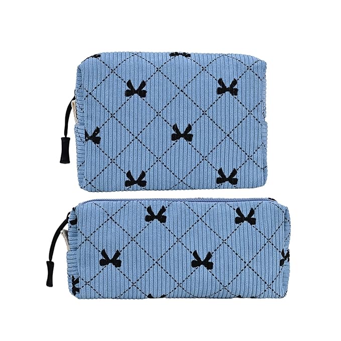 Small Cosmetic Bag set for Women Corduroy Makeup Bag with Interior Pocketes Cute Corduroy Makeup Pouches Women Small Toiletry Bag (Blue Bowknot)