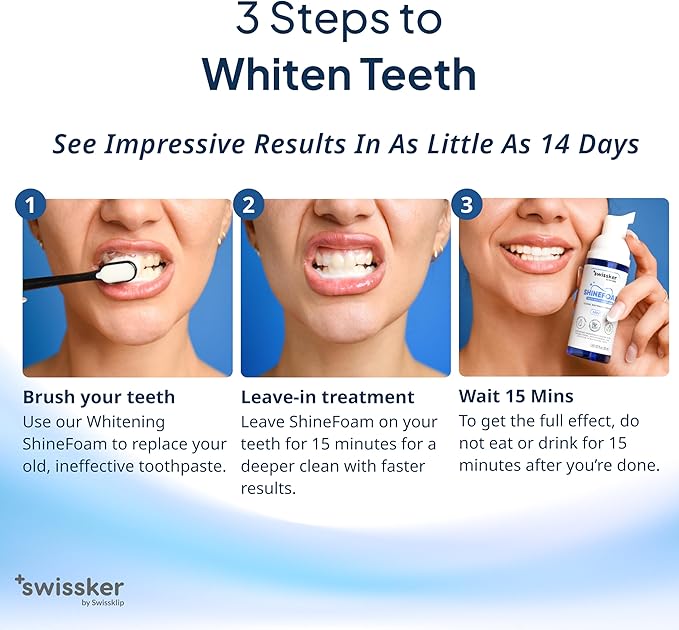 Swissklip ShineFoam | Teeth Whitening Foam | Mint Flavor Whitening Toothpaste | Teeth Whitener I Professional Teeth Whitening Kit | 100% Vegan - Made in USA - 1.69 oz - Pack 2