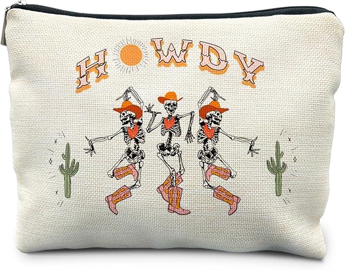 Howdy Western Halloween Makeup Bag, Western Gifts for Women, Funny Halloween Gifts for Women,Gothic Dancing Skeleton Cosmetic Bag Pouch, Dark Academia Makeup Pouch, Horror Makeup Bag