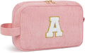 Personalized Initial Makeup Bag, Travel Chenille Patch Cosmetic Bag, Preppy Corduroy Toiletry Bag Monogram Cosmetic Pouch with Zipper, Ideal Gift for Teen Girls Women (Light Pink, A)