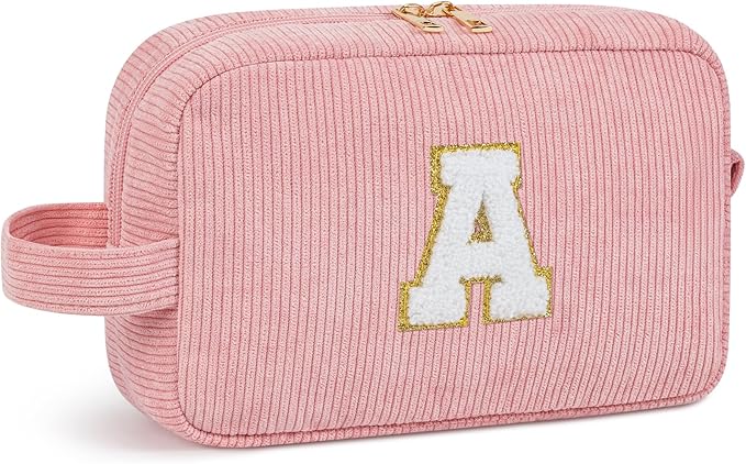Personalized Initial Makeup Bag, Travel Chenille Patch Cosmetic Bag, Preppy Corduroy Toiletry Bag Monogram Cosmetic Pouch with Zipper, Ideal Gift for Teen Girls Women (Light Pink, A)