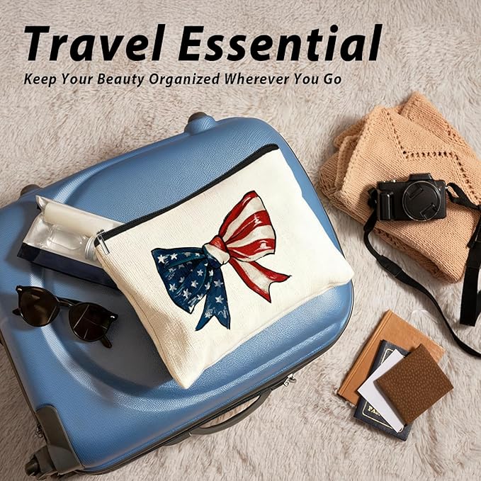 Coquette American Flag Bow Makeup Bag, Gifts for Patriotic Women Cosmetic Bag, Preppy Red White and Blue Bow Small Toiletry Bags Zipper Makeup Pouch