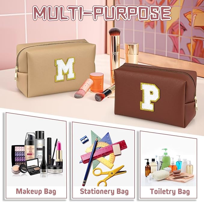 TOPEAST Cosmetic Travel Bags for Women, Preppy Small Makeup Bag, PU Leather Waterproof Toiletry Bag, Unique Friendship Gifts for Friends Coworker, Cute Stuff for Girls (Brown R)