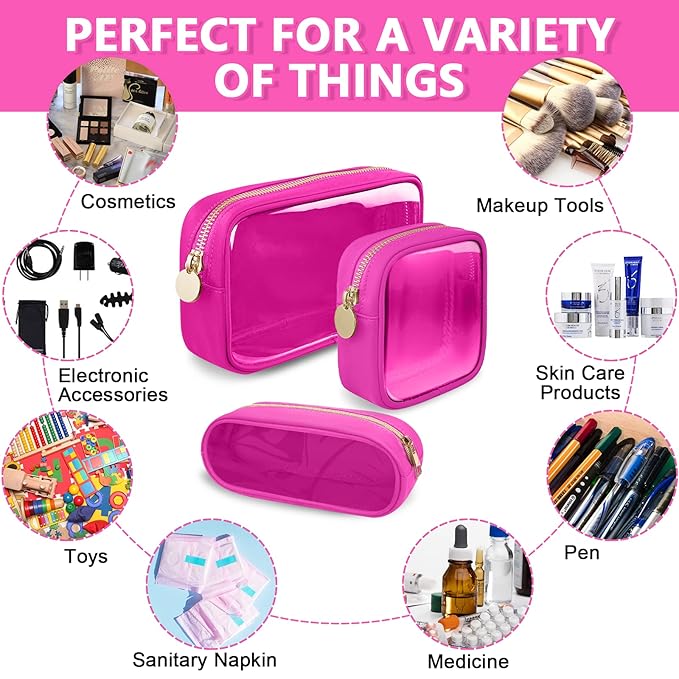 Clear Small Pencil Pouch Makeup Bag for Purse,Nylon&PVC Pencil Case Waterproof Makeup Brush Holder with Zipper,Preppy Transparent Pen Bag Travel Cosmetic Bag for Women Office(Slim-Hot Pink)
