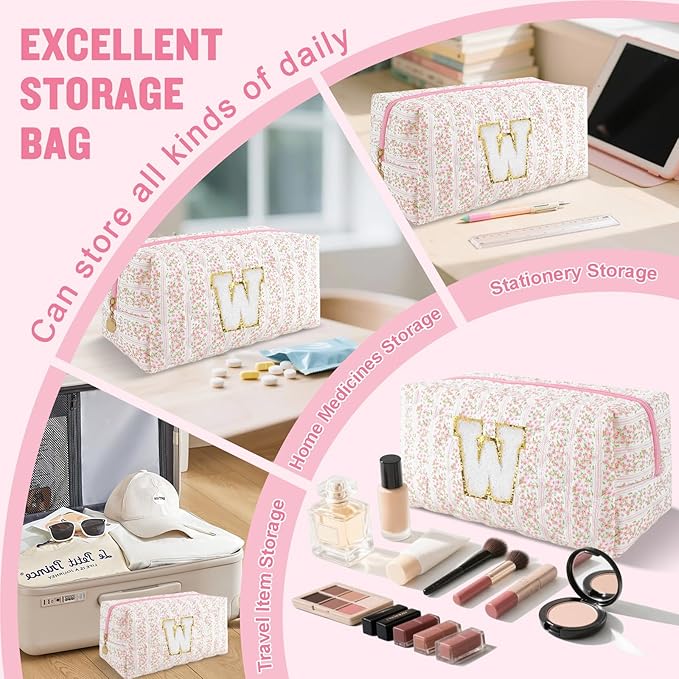 Personalized Quilted Cosmetic Bag, Puffy Monogrammed Christmas Birthday Gifts for Women & Girls, Cute initial Floral Makeup Bag Puffer Coquette Bag, Aesthetic Travel Toiletry Zipper Pouch(Pink,W)