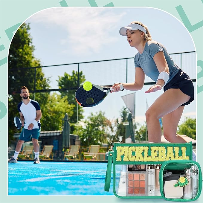 2 Pcs Pickleball Gifts Cosmetic Makeup Bag with Chenille Letter Patch, Clear Pouch PVC Organizer Purse, Waterproof Travel Bag, Portable Toiletry Storage Bag for Her Girls Friends Women