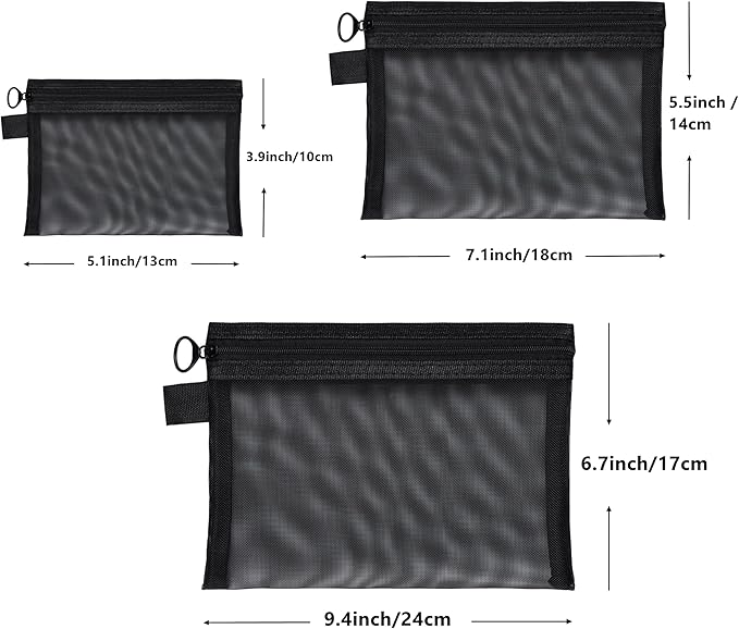 Quotidian Flat Clear Mesh Pencil Pouch Black Makeup Bag with Zipper Cosmetic Organizer 3-Size Pack of 9 - Travel Daily Use Home Storage Office
