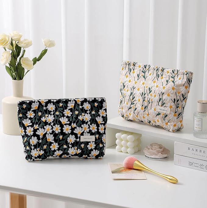 2 Pcs Makeup Bags, Large Cosmetic Bag Travel Toiletry Bag Organizer for Women, Embroidery Craft, Floral Makeup Bag Small Cosmetic Pouch Purse with Zipper Gifts for Girls Teen