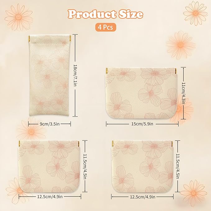 4Pcs Small Purse Cosmetic Bags,Mini Leather Makeup Bag for Women,Waterproof Portable Makeup Pouch No Zipper Squeeze Closure Coin Purse Lipstick Bag Accessories,Travel Kit Storage Pouch (Floral)