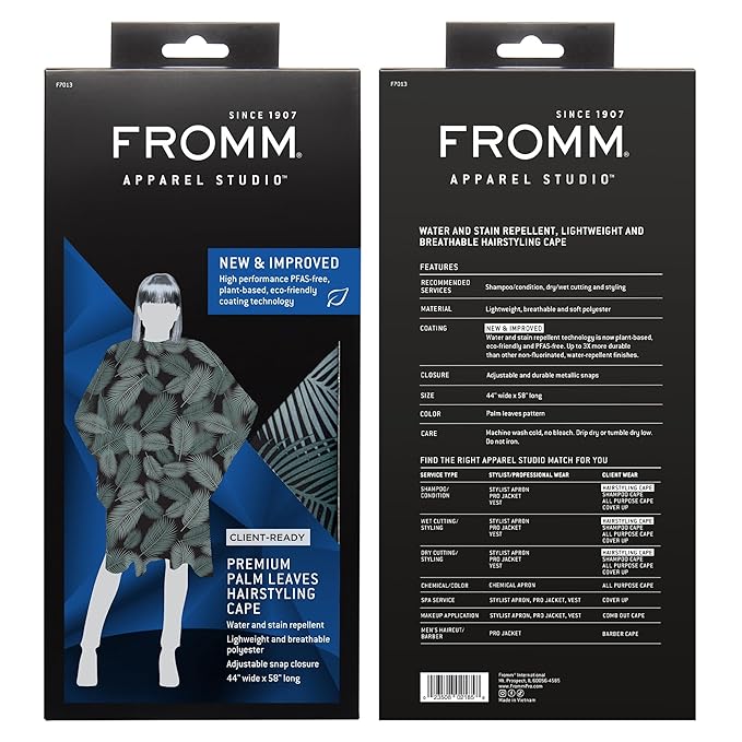 Fromm Professional Client Hair Styling and Hair Cutting Cape, Water and Stain Repellent Teflon Coating for Shampoo Bowl and Wet/Dry Cutting, 44" x 58", Palm Leaves
