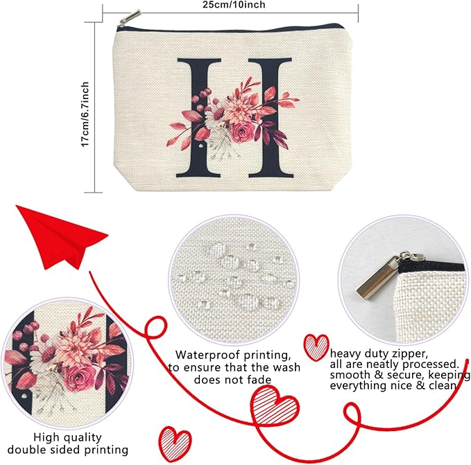 Initial A-Z Personalized Floral Makeup Bag, Monogrammed Birthday Gifts for Women Mom, Mothers Day Christmas Gift Ideas for Best Friend, Bride Bridesmaid, Her, Grandma, Small Travel Cosmetic Bag (H)