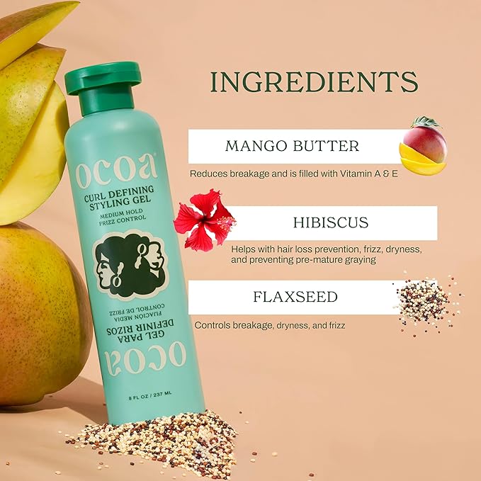OCOA Curl Cream & Styling Gel Bundle – Hydrate, Define, & Protect Curls – Made with Hibiscus, Mango Butter, Flaxseed, and Marula Oil – Frizz-Free, Long-Lasting, Soft & Touchable Finish – 8oz