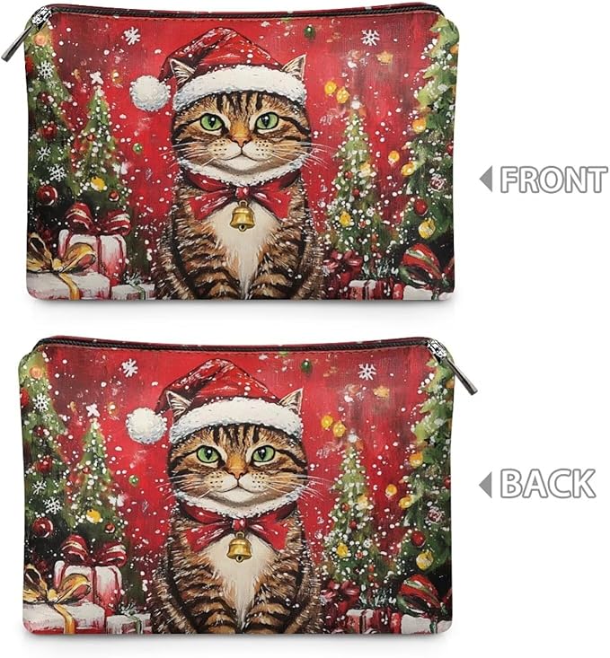 COEQINE Christmas Tree Cat Cosmetic Bag for Women Leather Waterproof Phone Pouch Travel Makeup Bag Large Capacity Waterproof Portable Wallet Handbags with Zipper Ladies Xmas Gifts