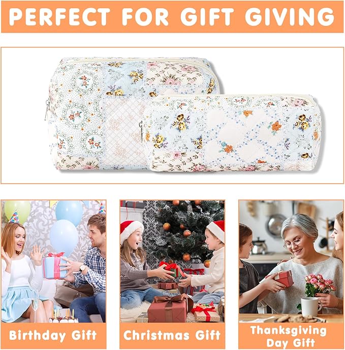 2Pcs Cotton Quilted Makeup Bag for Women Girls Coquette Small Floral Cosmetic Bags Cute Zipper Pencil Pouch Aesthetic Makeup Pouch Trendy Cloth Bee&Flower Travel Toiletry Skincare Bag