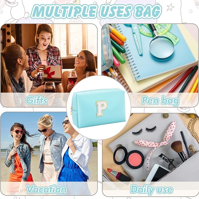 Gifts for Girls Initial Makeup Bag Personalized Cosmetic Bag with Zipper Cute Travel Toiletry Bag Waterproof PU Preppy Makeup Pouch Birthday Gift for Teen Girls Women(Blue P)