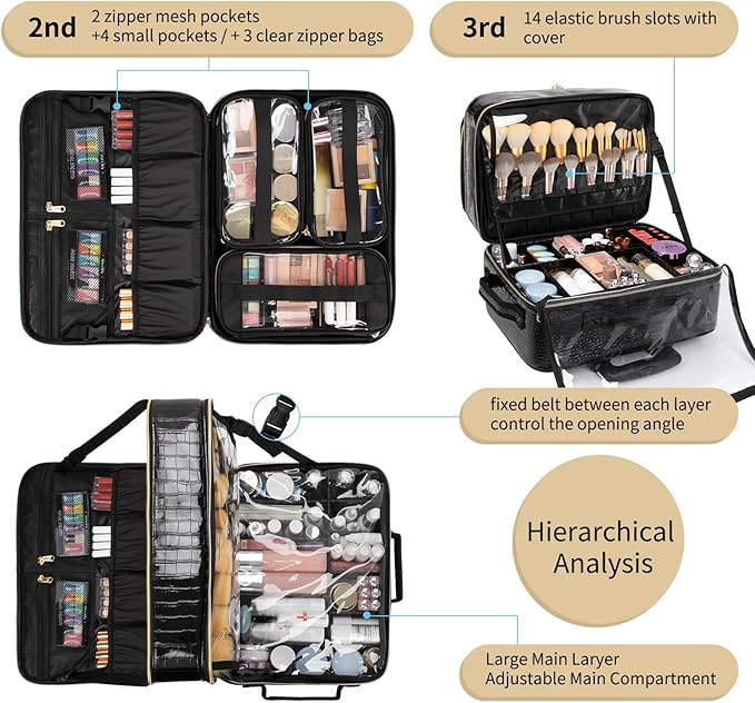 OCHEAL Rolling Makeup Train Case, 18" Carry On Travel Cosmetic Organizer Suitcase,Extra Large Trolley Makeup Storage Case On Wheels,3 Layers with 3pcs Traveling Bags for Hairstylist Cosmetology Artist
