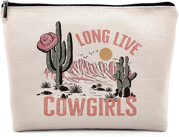 Long Live Cowgirls Cosmetic Bag, Pink Retro Western Cowgirl Hat Desert Cactus Makeup Bag Zipper Cosmetic Pouch Bag Travel Linen Makeup Organizer, Preppy Gifts for Teen Girls Women Cowgirls