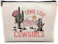 Long Live Cowgirls Cosmetic Bag, Pink Retro Western Cowgirl Hat Desert Cactus Makeup Bag Zipper Cosmetic Pouch Bag Travel Linen Makeup Organizer, Preppy Gifts for Teen Girls Women Cowgirls