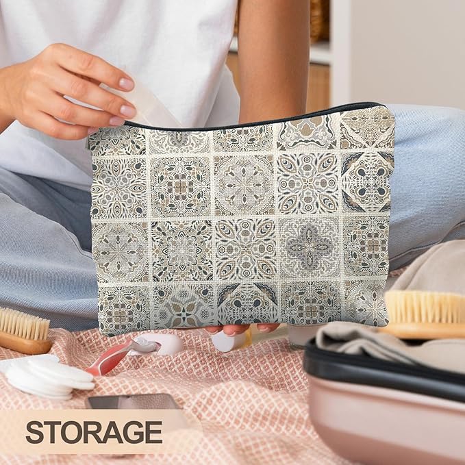 Vintage Boho Mandala Floral Makeup Bag, Ethnic Moroccan and Mediterranean Tile Cosmetic Bags for Women, Mexican Gifts for Women, Traditional Block Print Zipper Makeup Pouch
