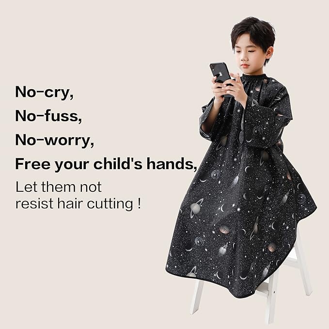 Kids Hair Cutting Cape with Sleeves, Kids Barber Cape Haircut Cape for Boy & Girls, Professional Salon or Home Hair Cut Cape-Black Space Printing